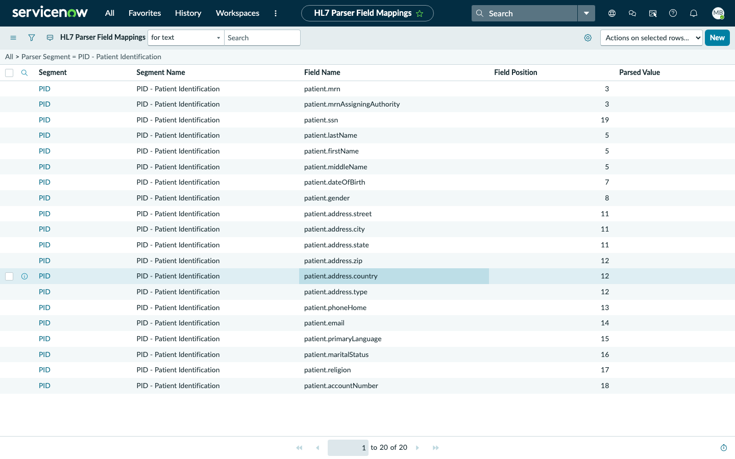PID segment field maps showing populated parsed values after running Parse Sample Payload