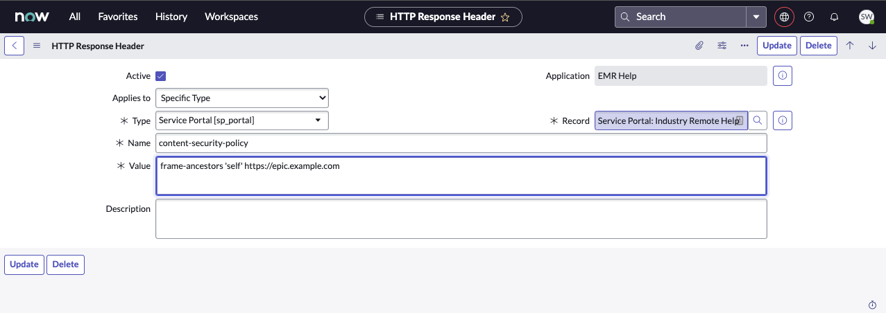HTTP Response Header configured for EMR Help.