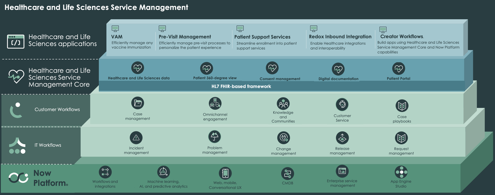 Infographic displaying overview of Healthcare and Life Sciences Service Management. For the image description, refer to the text that follows.