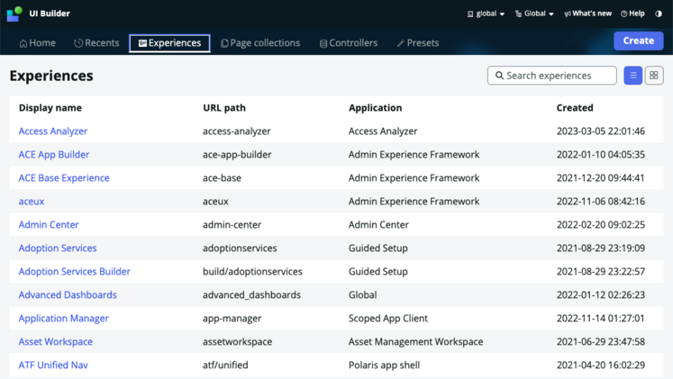 Liste der Experiences auf der UI Builder-Homepage.