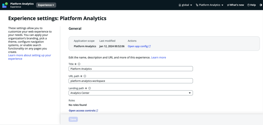 Platform Analytics-Experience – Bildschirm „Experience-Einstellungen“ bearbeiten.