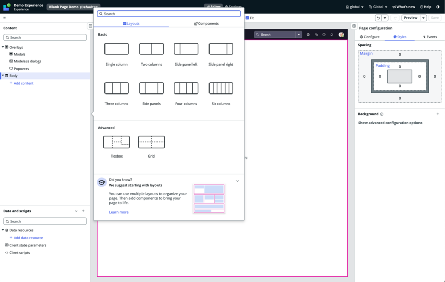 Pfeil, der auf die Option „Flexbox“ auf der Registerkarte „Layouts“ der Toolbox zeigt.