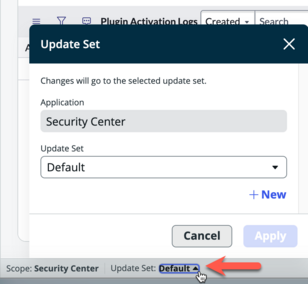 Um das Dialogfeld „Update Set“ zu öffnen, wählen Sie das aktuelle Update Set in der Statusleiste aus.