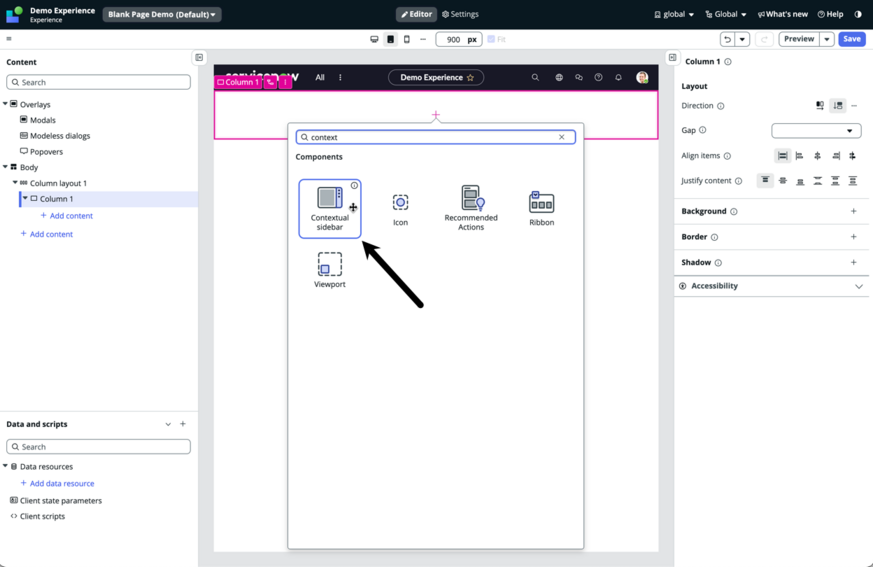 UI Builder Editor bei geöffneter Toolbox mit einem schwarzen Pfeil, der auf die kontextabhängige Sidebar-Komponente zeigt.