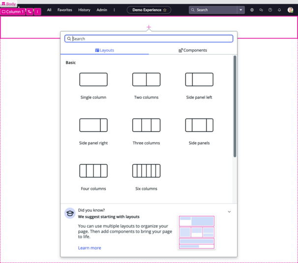 UI Builder-Toolbox mit grundlegenden und erweiterten Layoutoptionen.