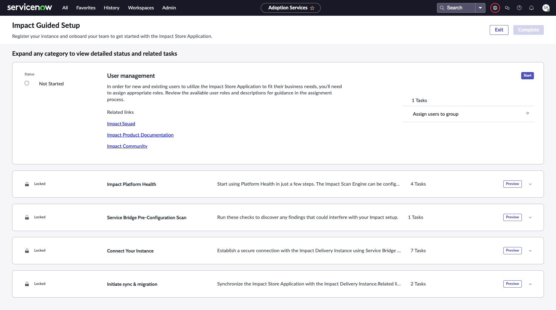 The Impact Guided Setup screen with the different activities to select to configure that option.