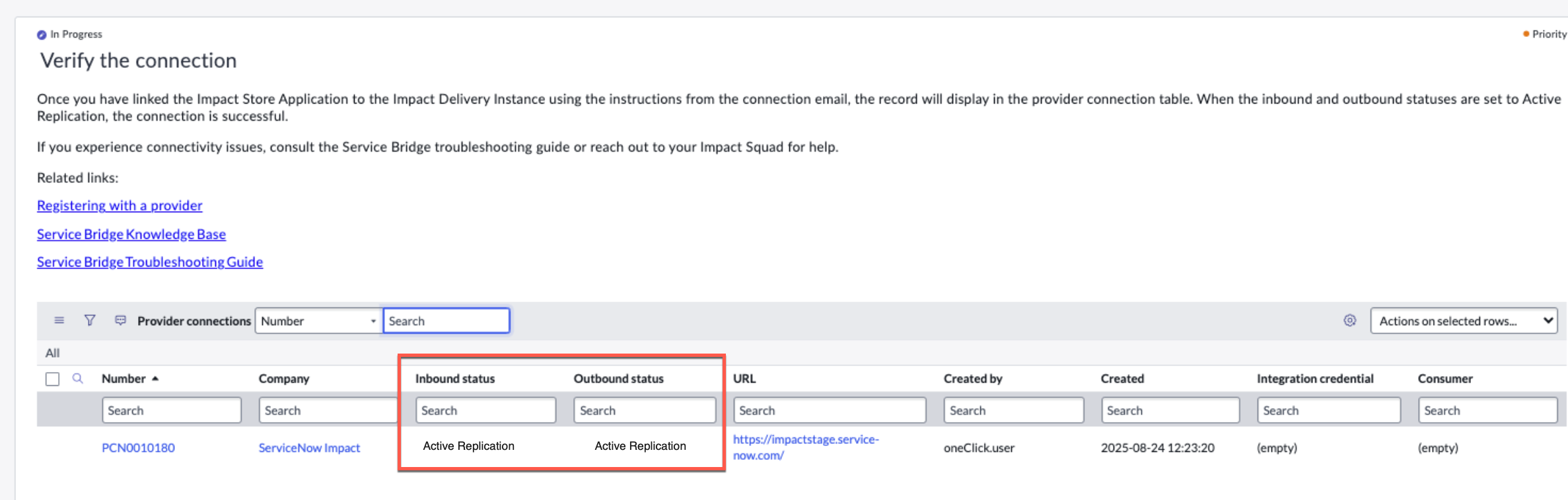 Verify connection table with the success statuses, Active Replication showing.