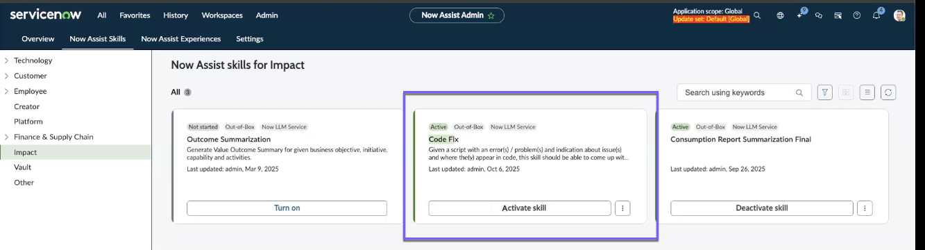 The Now Assist Admin Console with the Impact Code Fix activation tile displayed.