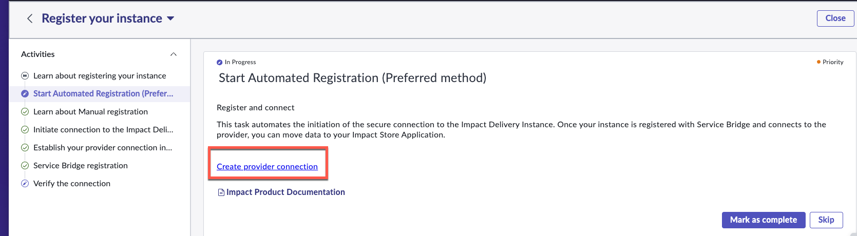 Selection for Create provider connection.