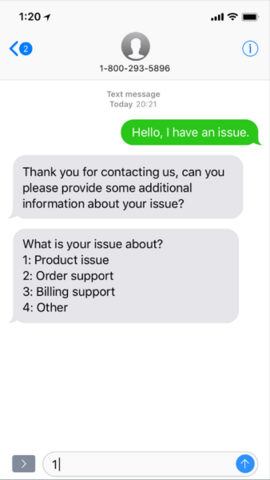 ユーザーは「問題があります。」とテキストメッセージを送信し、追加情報を要求し、ユーザーが選択できる4つの選択肢(製品の問題、注文サポート、請求、その他)を提供します。 仮想エージェント