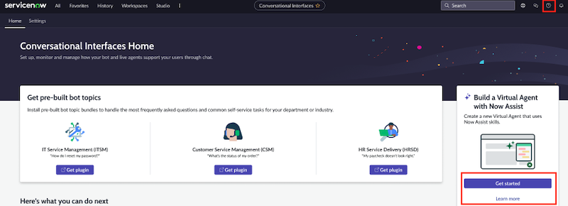 [構築仮想エージェントを使用Now Assist] カードがある Conversational Interfaces ホームページ。