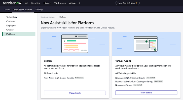 コンソールの Now Assist Admin [機能] タブ。検索カードと 仮想エージェント スキルカードが表示されています。