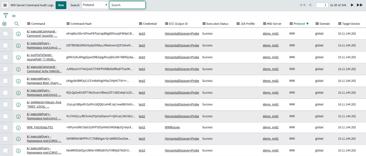 MID Server コマンド監査ログの一般的なデータ。