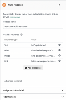 基本プロパティには、ノード名と、タイプ (テキスト、HTML、画像、リンク) 別に整理された応答が含まれます。