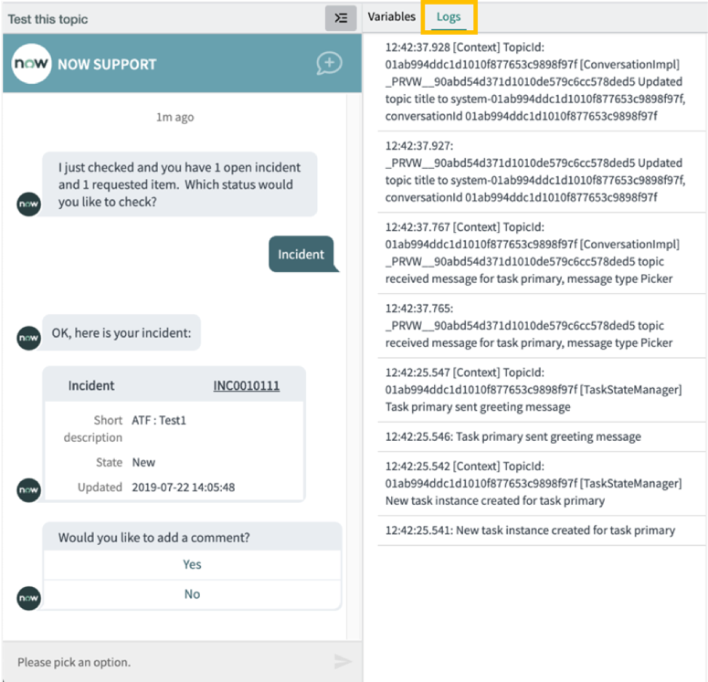 [ログ] タブが表示されたチャットテストウィンドウの例。