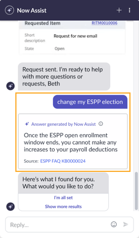 ベスは「ESPP選挙を変更します。」と入力し、「ESPPのオープン登録ウィンドウが終了すると、給与控除を増やすことはできません」と応答します。 仮想エージェント