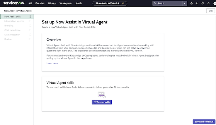 で仮想エージェントスキルNow Assistを設定します。