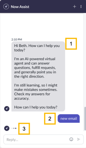 Now Assist チャットウィンドウでの 仮想エージェント 挨拶。ユーザーが「新規メール」と入力します。