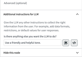 [LLM の追加の説明] で、分かりやすい言葉で指示を入力するか、スクリプトフィールドを使用するか、データピルピッカーで条件を定義します。