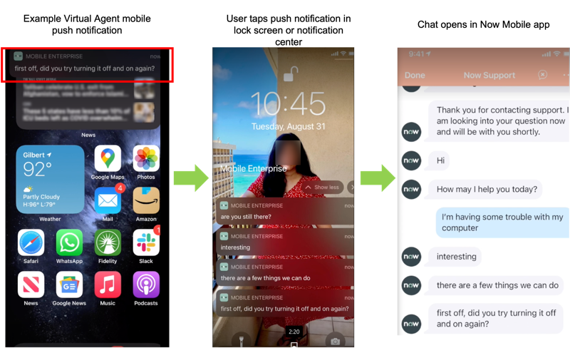 1. 仮想エージェントのプッシュ通知がモバイルバナーに表示されます。2. ユーザーが画面上の通知をタップします。3. モバイルアプリでチャットが開きます。
