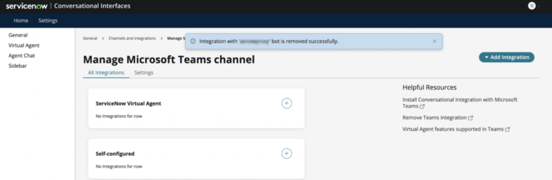 Microsoft Teams との統合が削除されたことを確認するバナーメッセージ。