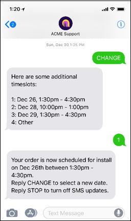 ユーザーが「CHANGE」と入力します。ボットには、3 つの追加のタイムスロットと「その他」オプションが表示されます。ユーザーは新しいタイムスロットの番号を入力します。予約が確認されます。