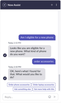 ユーザーは、新しい電話の利用資格があるかどうかを尋ねます。 仮想エージェント はそうであることを確認しますが、ユーザーは代わりにアクセサリを注文するように求めます。