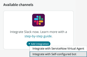 Slack[統合を追加] ドロップダウン。[自己設定ボットと統合 (Integrate with Self-configured)] オプションがハイライト表示されています。