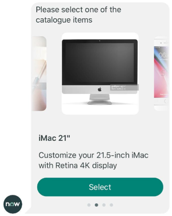 プロンプトで「カタログアイテムの 1 つを選択してください」と尋ねるチャットの例。現在の選択には iMac コンピュータが表示されます。