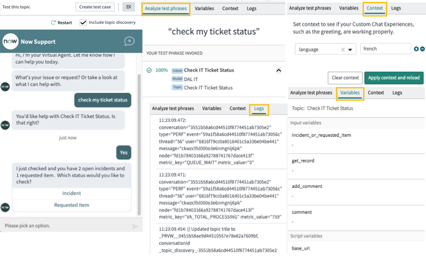 チャットテストウィンドウに表示された会話テストのタブ。[テストフレーズを分析]、[変数]、[コンテキスト]、[ログ] オプションがハイライト表示されています。