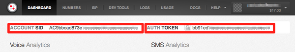 Accout SID、AuthToken、および電話番号の値を表示する Twilio ダッシュボード