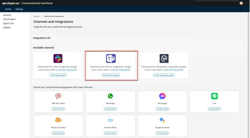 [チャネルと統合 (Channels and integrations)] ページには、[Teams を取得] プラグインリンクを含むカードが表示されます。詳細については、[ステップ バイ ステップ ガイドで詳細を確認する] リンクをクリックしてください。