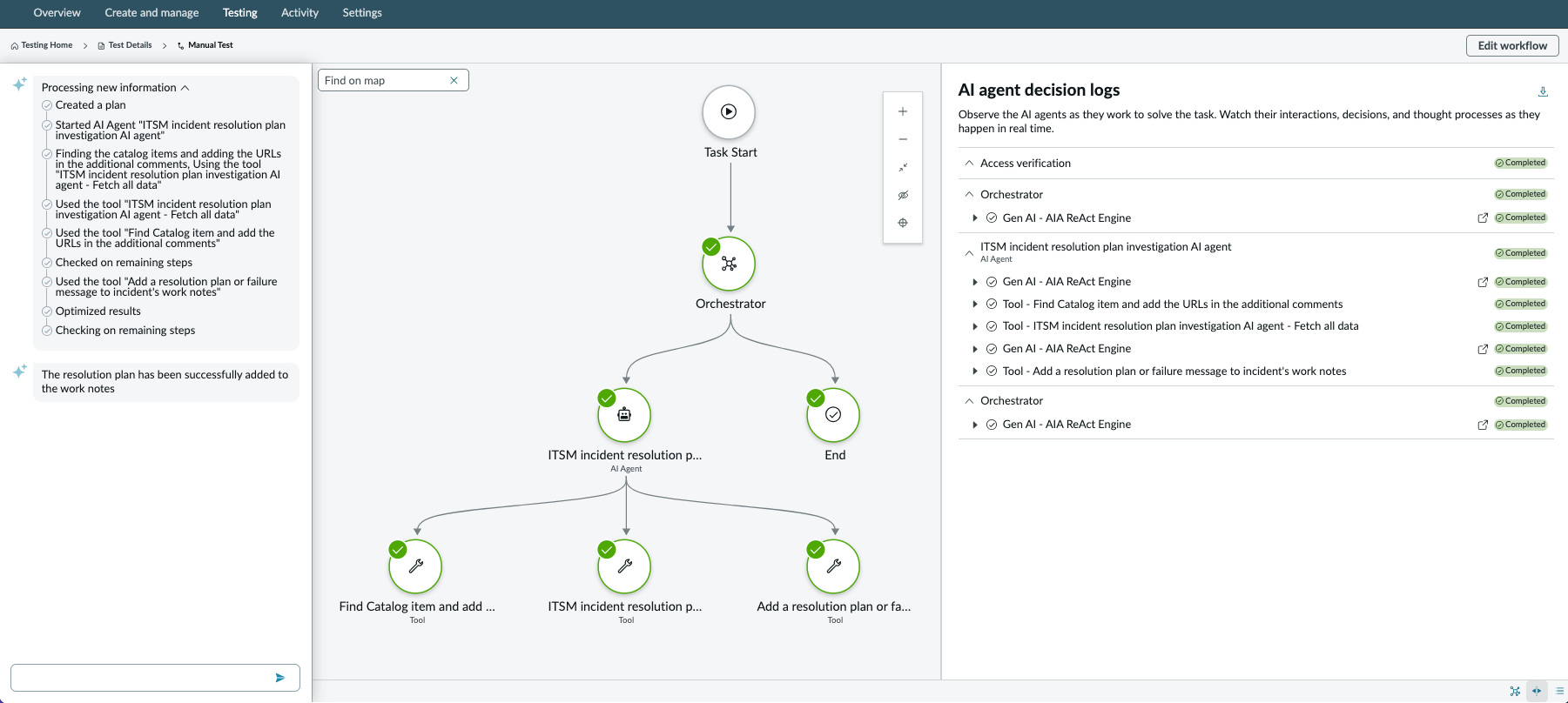 Sortie du workflow agentique d’enquête et de résolution ITSM des incidents.