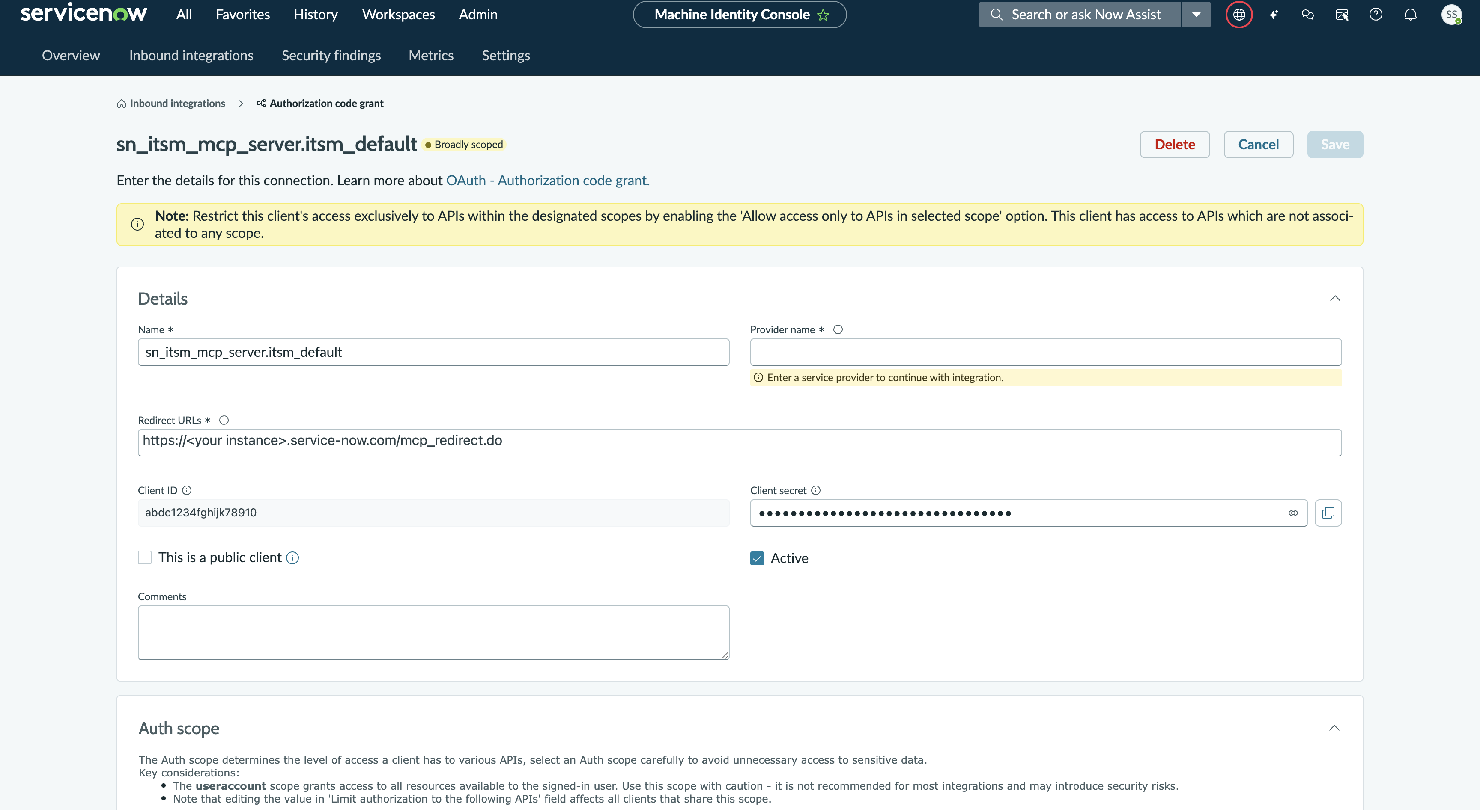 Formulaire de configuration d’attribution du code d’autorisation OAuth dans la Console des identités des machines affichant les champs Nom, Nom du fournisseur, URL de redirection, ID client et Secret client.