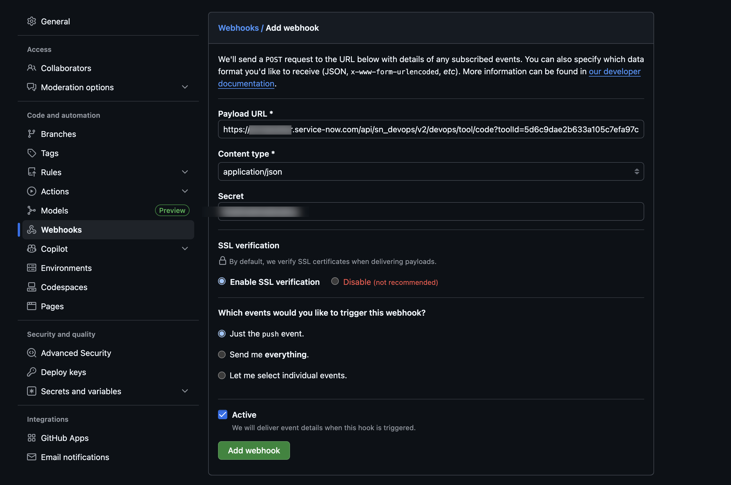 GitHub configure webhooks manually