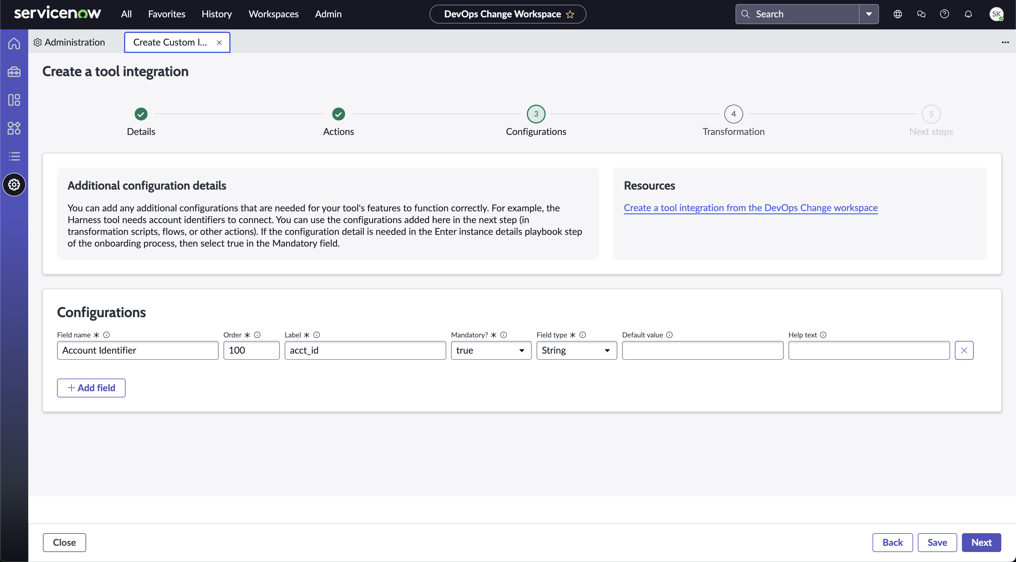 Configurations step in tool integration creation