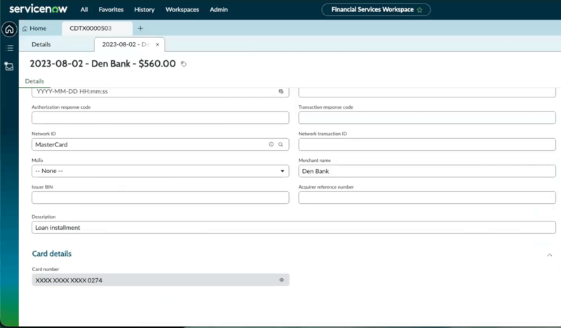 Transaction details form showing card number reveal component in card details section.