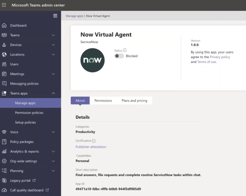 Aplicativo Now Virtual Agent no Microsoft Teams.