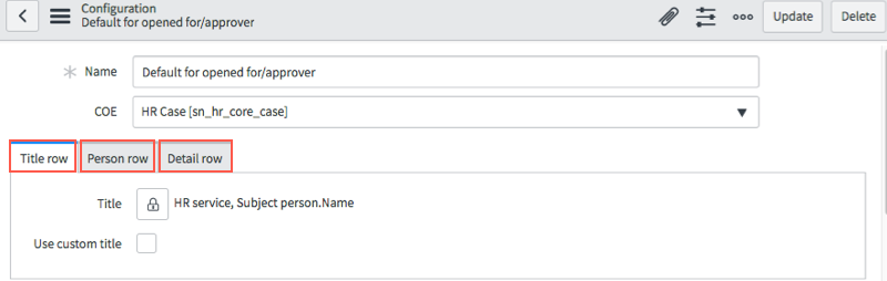No registro de configuração do cabeçalho do caso de RH, configure a aparência das linhas de cargo, pessoa e detalhes.