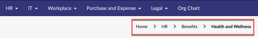 O widget de trilhas mostra o caminho de navegação da página inicial até a página Saúde e bem-estar.