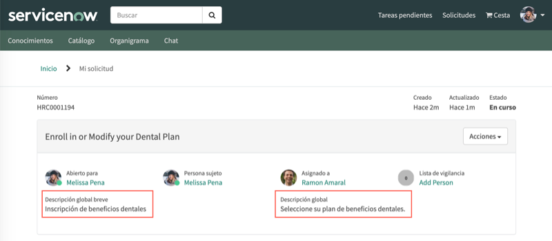 Esta imagem mostra o cabeçalho do caso de RH com descrições globais.
