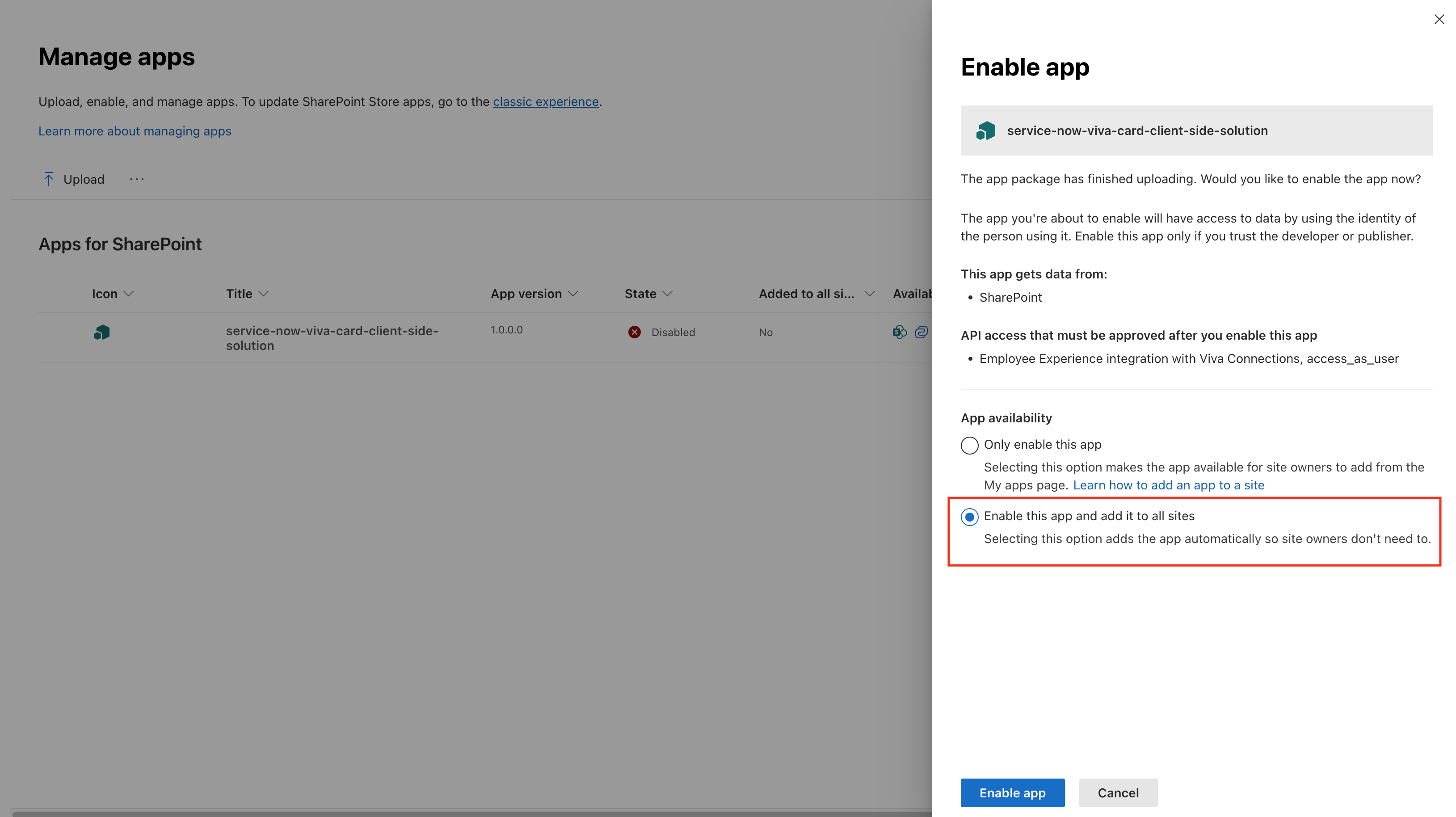 administração do Microsoft Sharepoint Habilitar app em todos os sites