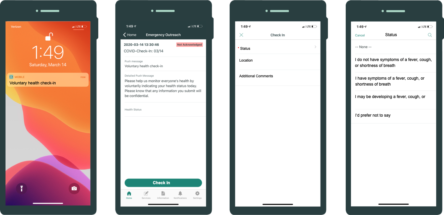 Conjunto de telas exibidas no aplicativo para celular para responder com o status de integridade.