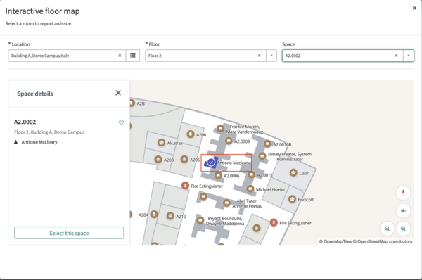 Espaço selecionado no mapa que mostra o nome do funcionário.
