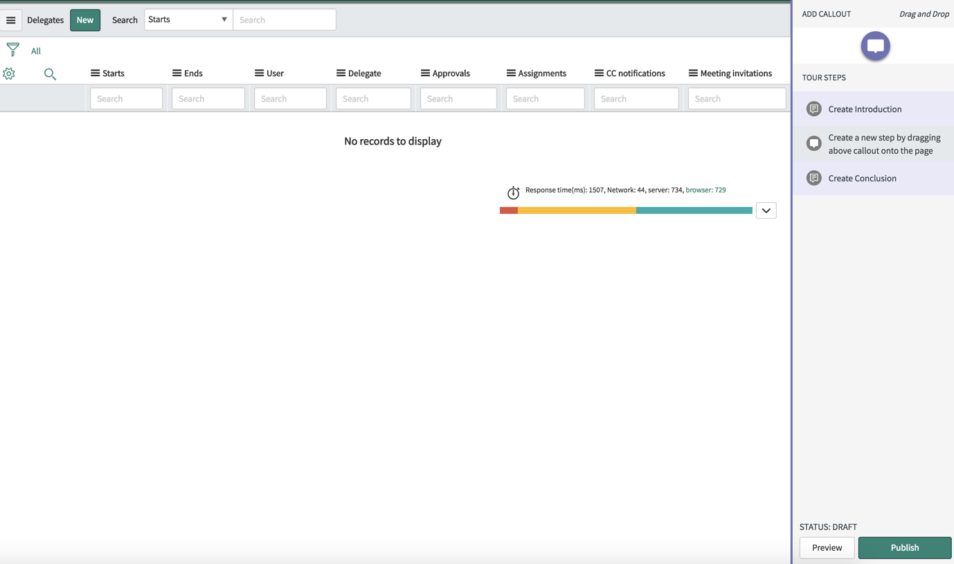 Zeigt die Seite „Delegierten-Rolle“ mit der Liste der Delegierten an. In diesem Beispiel werden keine Datensätze in der Liste angezeigt, da in der Instanz keine neuen Delegierten erstellt werden.