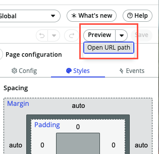 Now Experience フレームワークページの URL をコピーできるように [プレビュー> URL パスを開く] に移動する方法を示す UI ビルダーユーザーインターフェイス。