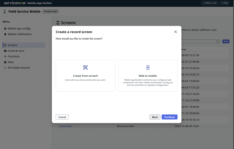 画面を最初から作成するか、Web からモバイルに使用するかを選択するオプションがあるウィンドウ