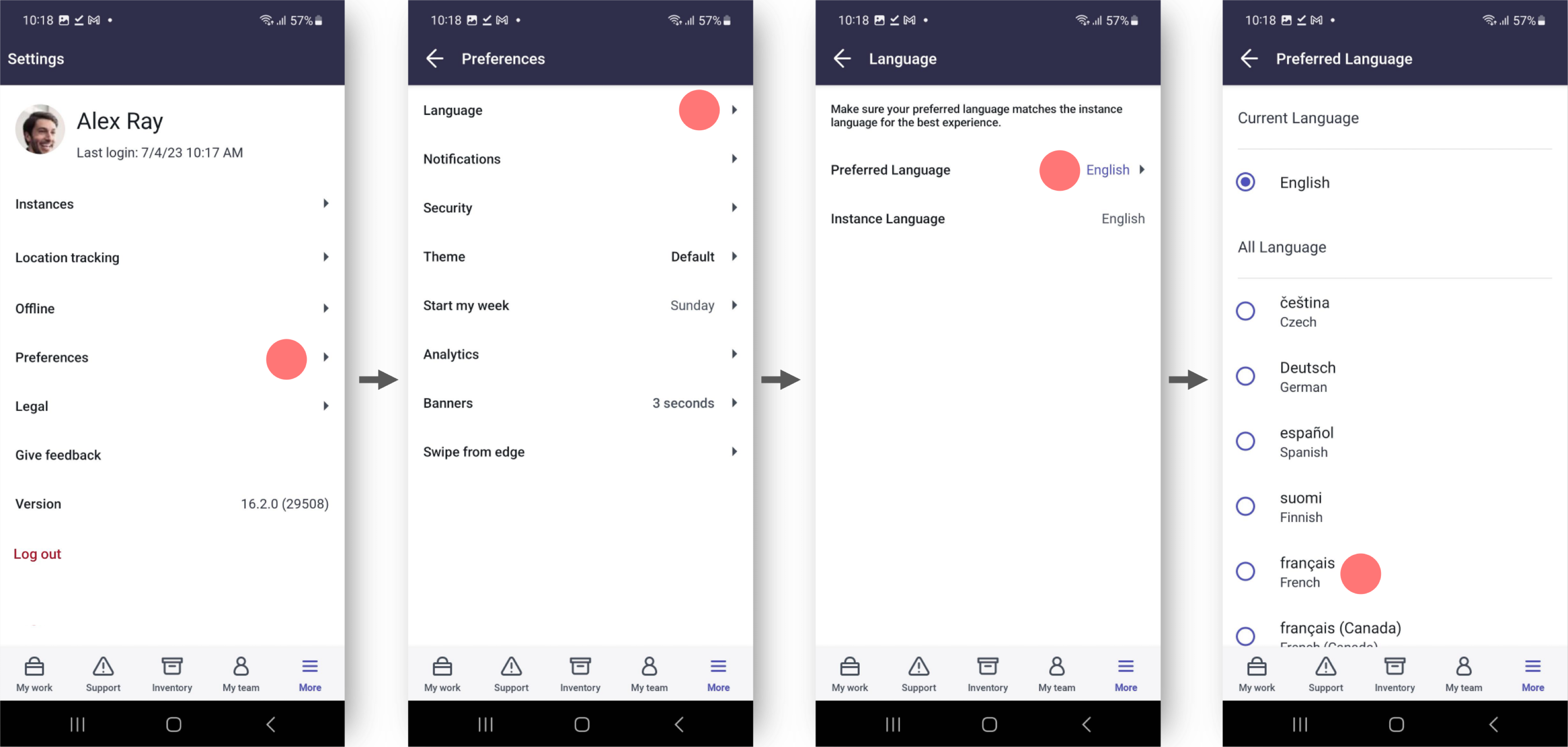 Android デバイス内からの言語の選択。