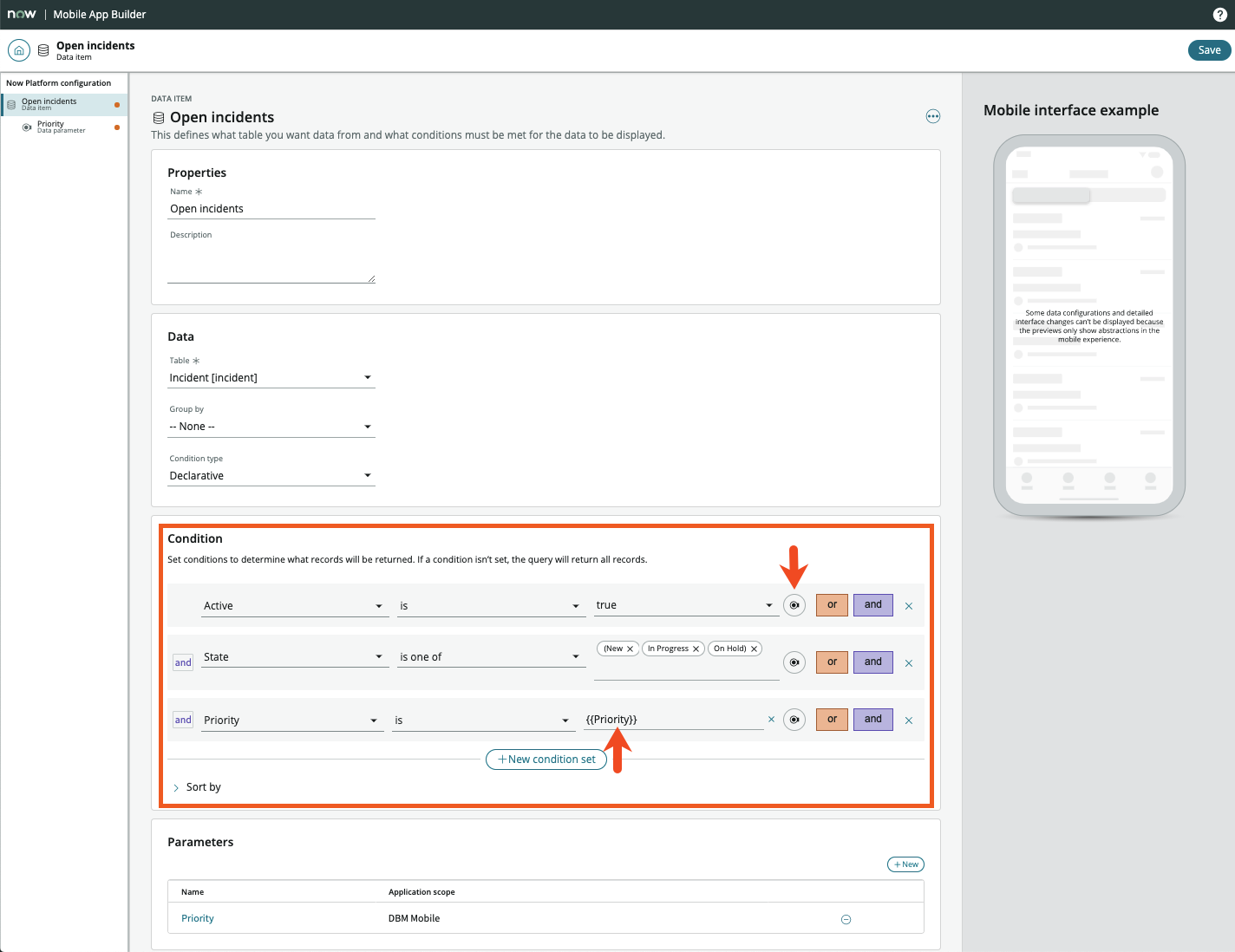 パラメーター化されたデータ構成を示す Mobile App Builder データアイテムフォーム。