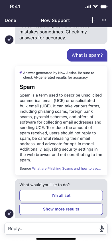 「スパムとは何か」というユーザーの質問は、スパムに関するナレッジ記事で回答されます
